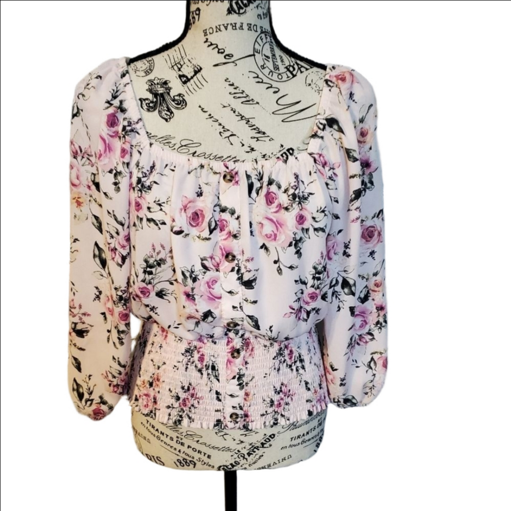 No Boundaries Pink Green Floral Print Long Sleeve Elastic Waist  Top Size Large